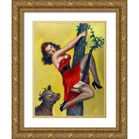 Mid-Century Pin-Ups - Moo - Up a tree Gold Ornate Wood Framed Art Print with Double Matting by Driben, Peter