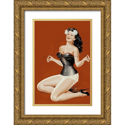 Mid-Century Pin-Ups - Lacing her bra Gold Ornate Wood Framed Art Print with Double Matting by Driben, Peter