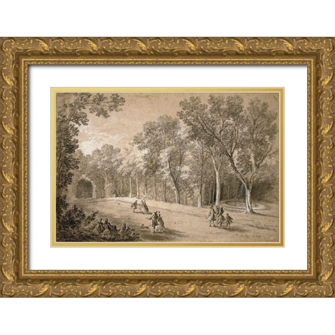 Park Scene Gold Ornate Wood Framed Art Print with Double Matting by Oudry, Jean-Baptiste
