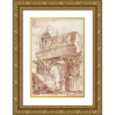 Sketch of Roman architectural fragment, 1786 Gold Ornate Wood Framed Art Print with Double Matting by Peyre, Marie-Joseph