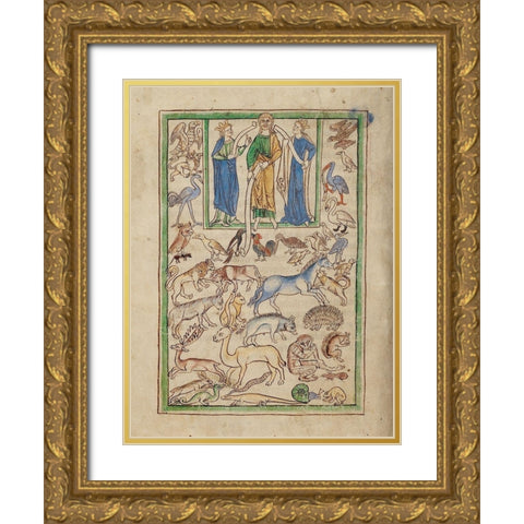 Adam Naming the Animals Gold Ornate Wood Framed Art Print with Double Matting by English 13th Century