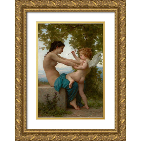 A Young Girl Defending Herself against Eros Gold Ornate Wood Framed Art Print with Double Matting by Bouguereau, William-Adolphe