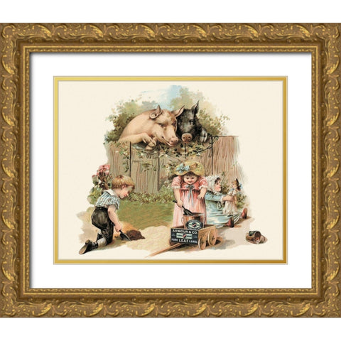 Pigs and Pork: Curious Pigs Gold Ornate Wood Framed Art Print with Double Matting by Advertisement
