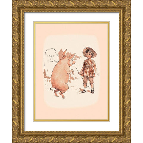 Pigs and Pork: Pig on Hind Legs and Little Girl Gold Ornate Wood Framed Art Print with Double Matting by Advertisement