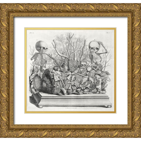 Diorama of fetal skeletons arranged with various internal organs Gold Ornate Wood Framed Art Print with Double Matting by Huyberts, Cornelis