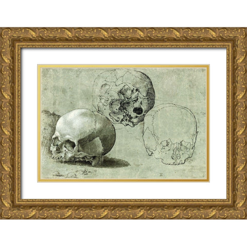 Study of Three Skulls Gold Ornate Wood Framed Art Print with Double Matting by Unknown Southern German