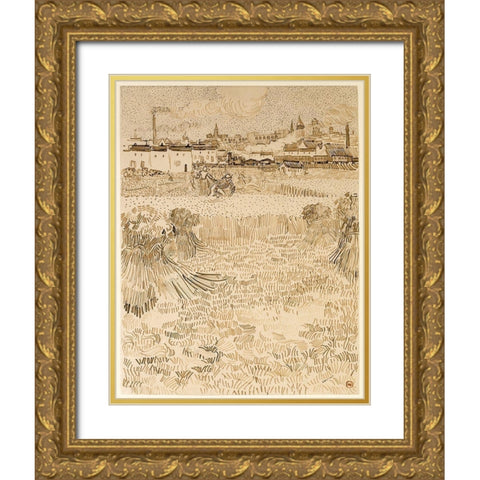 Arles:  View from the Wheatfields Gold Ornate Wood Framed Art Print with Double Matting by van Gogh, Vincent