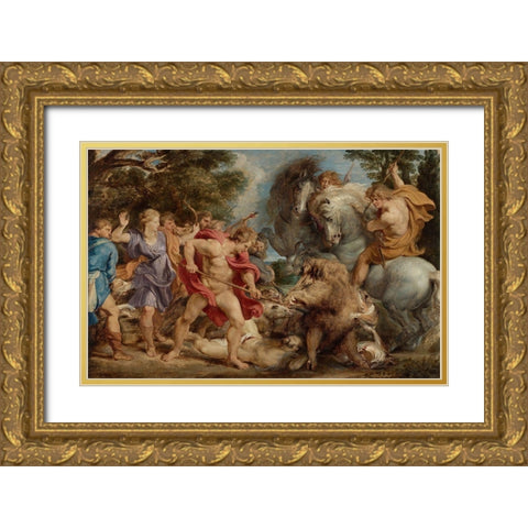 The Calydonian Boar Hunt Gold Ornate Wood Framed Art Print with Double Matting by Rubens, Peter Paul