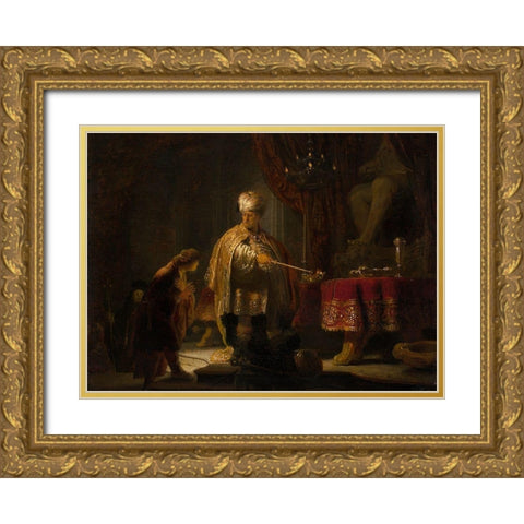 Daniel and Cyrus Before the Idol Bel Gold Ornate Wood Framed Art Print with Double Matting by van Rijn, Rembrandt Harmensz