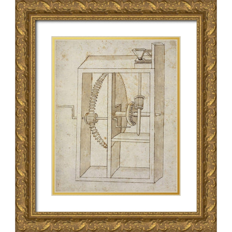 Mill powered by crank Gold Ornate Wood Framed Art Print with Double Matting by Martini, Francesco di Giorgio