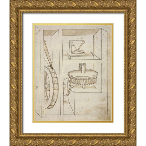 Folio 40: mill with overshot water wheel Gold Ornate Wood Framed Art Print with Double Matting by Martini, Francesco di Giorgio