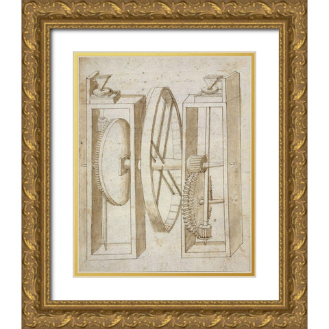 Two mills with wheel between Gold Ornate Wood Framed Art Print with Double Matting by Martini, Francesco di Giorgio