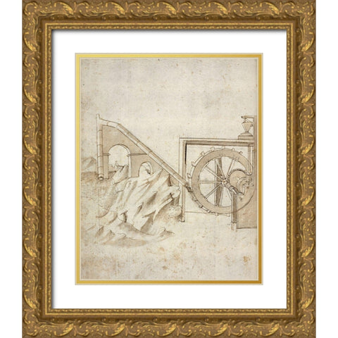Folio 13: mill powered by water from siphon Gold Ornate Wood Framed Art Print with Double Matting by Martini, Francesco di Giorgio