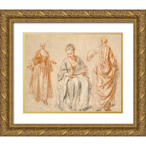 Studies of Three Women Gold Ornate Wood Framed Art Print with Double Matting by Watteau, Jean-Antoine