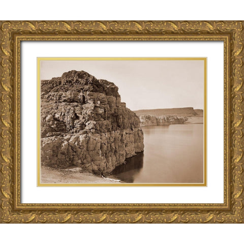 The Dalles, Extremes of High and Low Water, 92 ft./Head of the Dalles, Columbia River, Oregon, about Gold Ornate Wood Framed Art Print with Double Matting by Watkins, Carleton