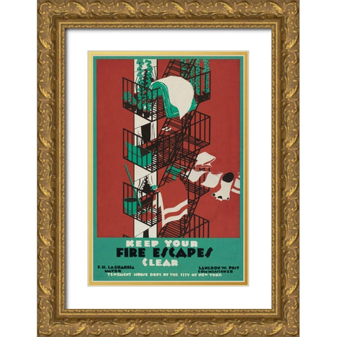 Keep your fire escapes clear Gold Ornate Wood Framed Art Print with Double Matting by WPA