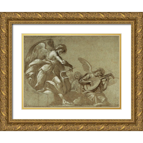 Angel Musicians (recto); Head Studies (verso) Gold Ornate Wood Framed Art Print with Double Matting by Morazzone (Pie Francesco Mazzuchelli)