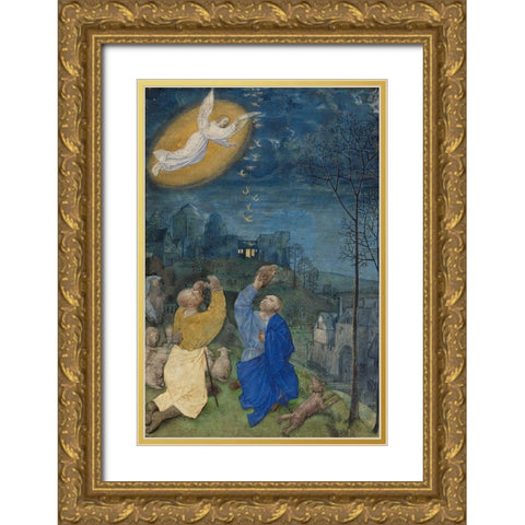 The Annunciation to the Shepherds Gold Ornate Wood Framed Art Print with Double Matting by Master of the Houghton Miniatures
