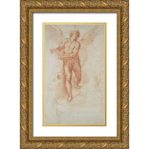 An Angel Holding a Book (recto); Three Studies of a Falling Male Figure (verso) Gold Ornate Wood Framed Art Print with Double Matting by Roncalli, Cristoforo