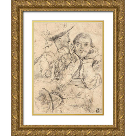 Four Studies of Heads Drawn over a Copy of Saint John the Evangelist by Correggio (recto); Three Stu Gold Ornate Wood Framed Art Print with Double Matting by Carracci, Annibale or Lodovico