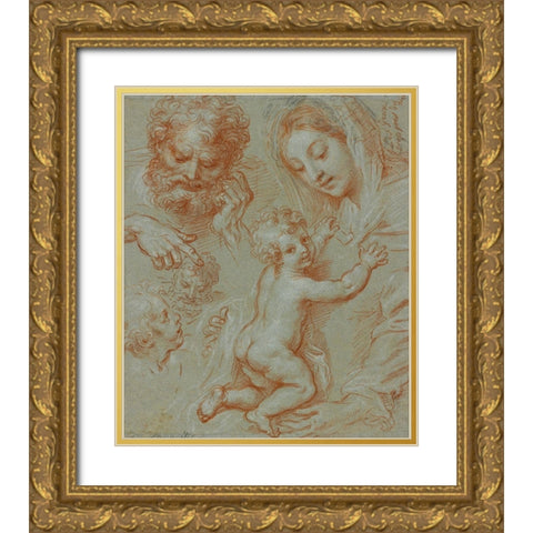 Studies of the Madonna and Child and of Heads (recto); Madonna and Child with Saint John Seated in a Gold Ornate Wood Framed Art Print with Double Matting by Corneille, Michel