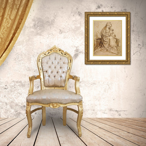 The Virgin and Child on a Grassy Bench Gold Ornate Wood Framed Art Print with Double Matting by Unknown