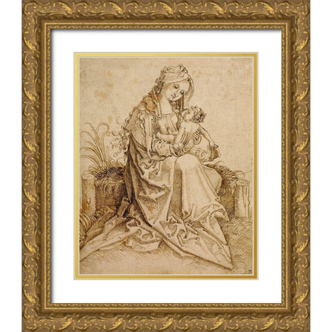 The Virgin and Child on a Grassy Bench Gold Ornate Wood Framed Art Print with Double Matting by Unknown