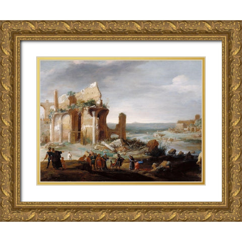 Moses and Aaron Changing the Rivers of Egypt to Blood Gold Ornate Wood Framed Art Print with Double Matting by Breenbergh, Bartholomeus