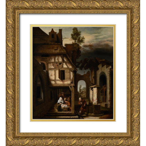 Adoration of the Shepherds Gold Ornate Wood Framed Art Print with Double Matting by Maes, Nicolaes
