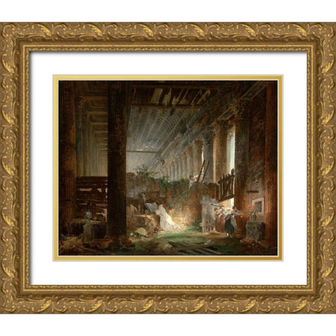 A Hermit Praying in the Ruins of a Roman Temple Gold Ornate Wood Framed Art Print with Double Matting by Robert, Hubert