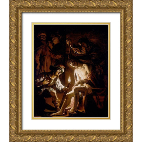Christ Crowned with Thorns Gold Ornate Wood Framed Art Print with Double Matting by van Honthorst, Gerrit