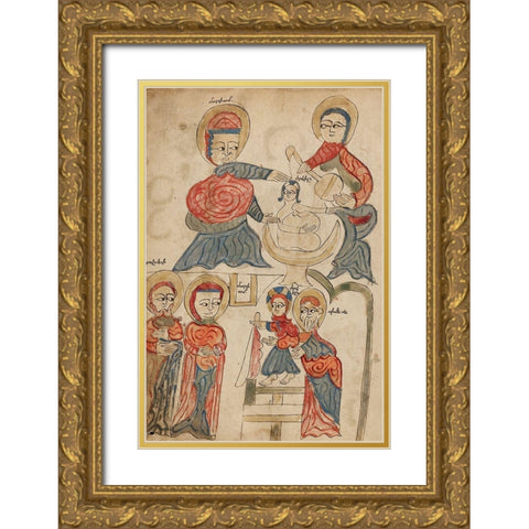 Bathing the Christ Child and The Presentation in the Temple Gold Ornate Wood Framed Art Print with Double Matting by Unknown 14th Century Illuminator