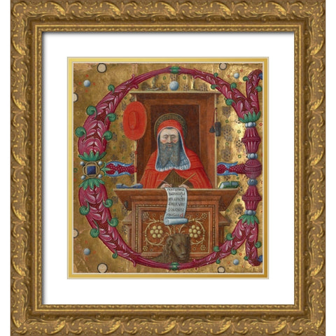 Initial E:  Saint Jerome in His Study Gold Ornate Wood Framed Art Print with Double Matting by Unknown 15th Century Italian Illuminator