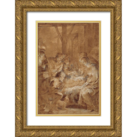 The Adoration of the Shepherds Gold Ornate Wood Framed Art Print with Double Matting by Rubens, Peter Paul