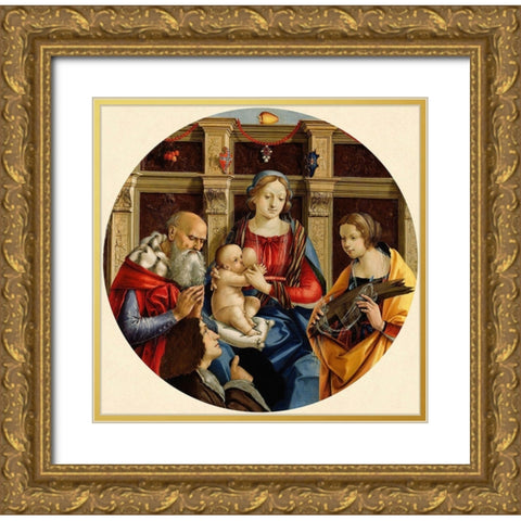 Madonna and Child with a Male Saint, Catherine of Alexandria and a Donor Gold Ornate Wood Framed Art Print with Double Matting by di Pietro Membrini, Michelangelo