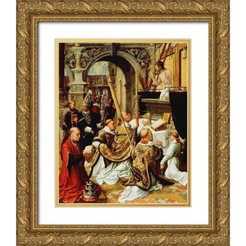 The Mass of Saint Gregory the Great Gold Ornate Wood Framed Art Print with Double Matting by Adriaen, Ysenbrandt,