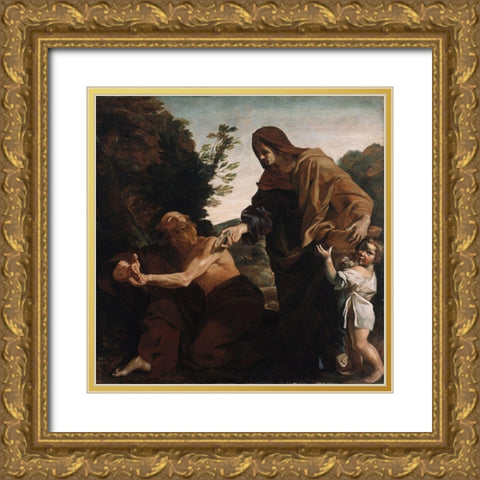 Elijah Receiving Bread from the Widow of Zarephath Gold Ornate Wood Framed Art Print with Double Matting by Lanfranco, Giovanni