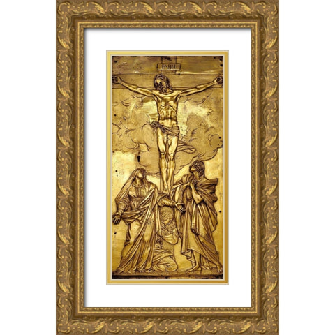 Tabernacle Door with the Crucifixion Gold Ornate Wood Framed Art Print with Double Matting by Mochi, Francesco