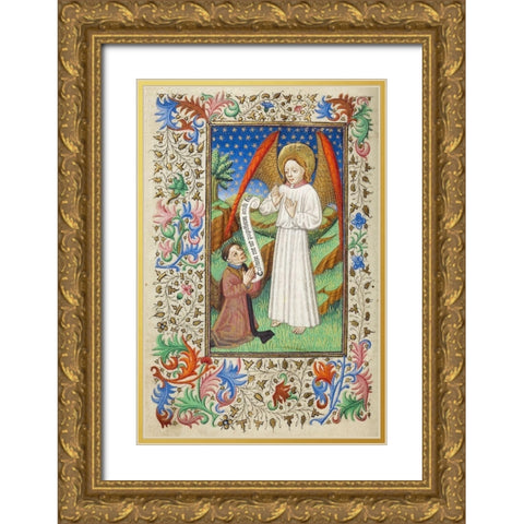 A Patron and his Guardian Angel Gold Ornate Wood Framed Art Print with Double Matting by Unknown 15th Century French Illuminator