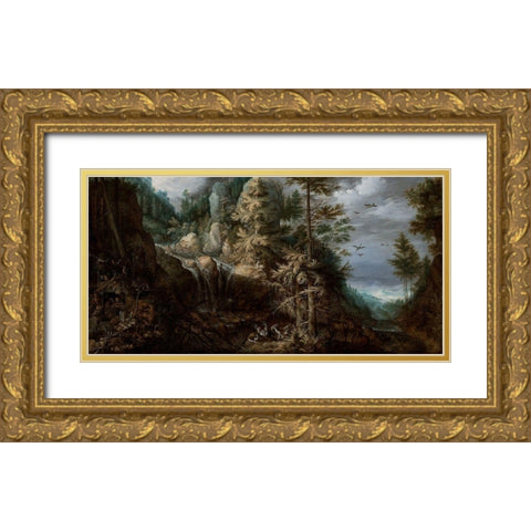 Landscape with the Temptation of Saint Anthony Gold Ornate Wood Framed Art Print with Double Matting by Savery, Roelandt