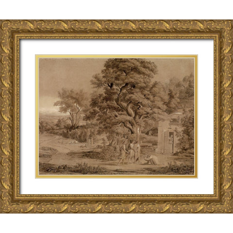 Landscape with Abraham and the Three Angels in the Valley of Mambre Gold Ornate Wood Framed Art Print with Double Matting by Koch, Joseph Anton