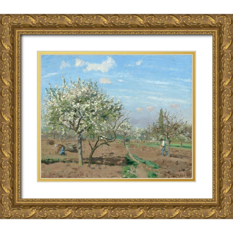 Orchard in Bloom, Louveciennes, 1872 Gold Ornate Wood Framed Art Print with Double Matting by Pissarro, Camille