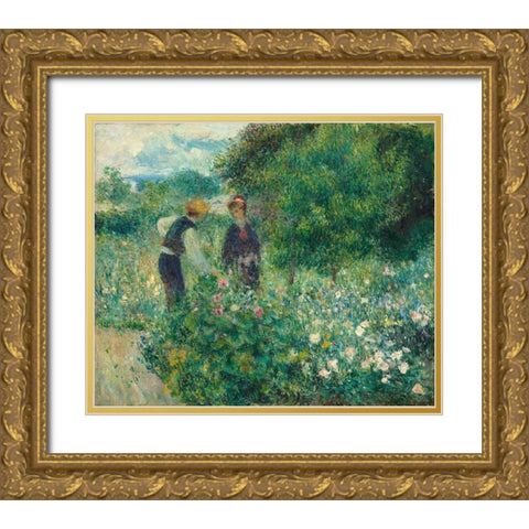 Picking Flowers Gold Ornate Wood Framed Art Print with Double Matting by Renoir, Pierre-Auguste