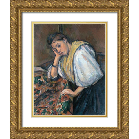 Young Italian Woman at a Table Gold Ornate Wood Framed Art Print with Double Matting by Cezanne, Paul