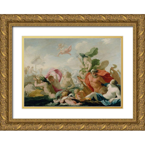 Marine Gods Paying Homage to Love Gold Ornate Wood Framed Art Print with Double Matting by Le Sueur, Eustache