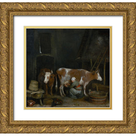 A Maid Milking a Cow in a Barn Gold Ornate Wood Framed Art Print with Double Matting by ter Borch, Gerard