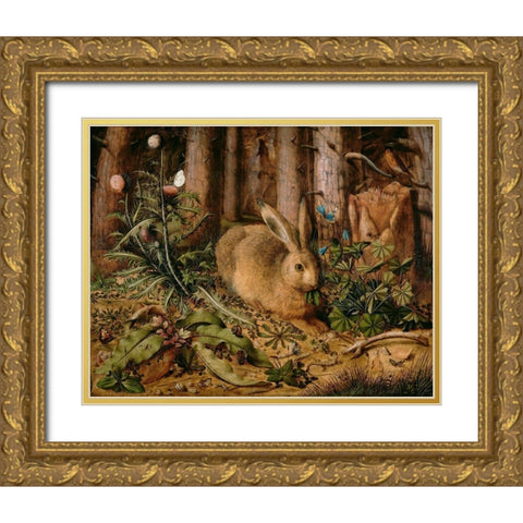 A Hare in the Forest Gold Ornate Wood Framed Art Print with Double Matting by Hoffmann, Hans