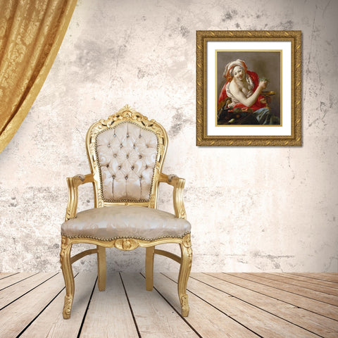 Bacchante with an Ape Gold Ornate Wood Framed Art Print with Double Matting by ter Brugghen, Hendrick