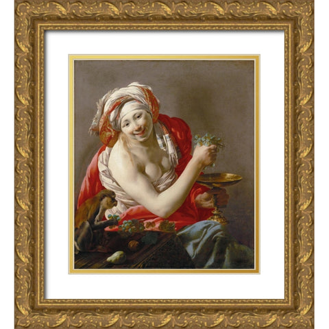 Bacchante with an Ape Gold Ornate Wood Framed Art Print with Double Matting by ter Brugghen, Hendrick
