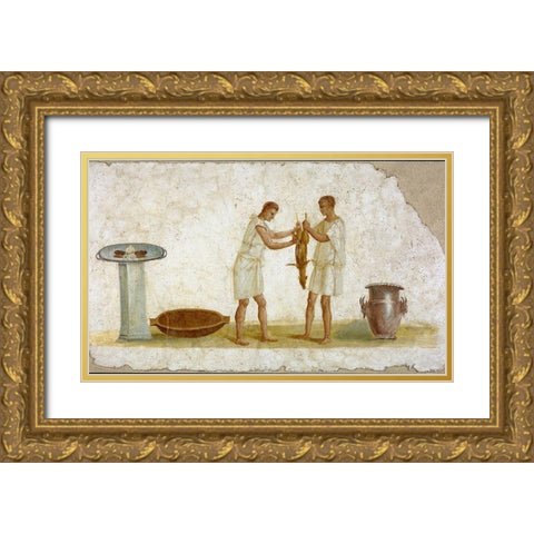 Fragment of a Fresco Panel with a Meal Preparation Gold Ornate Wood Framed Art Print with Double Matting by Unknown 2nd Century Roman Artisan